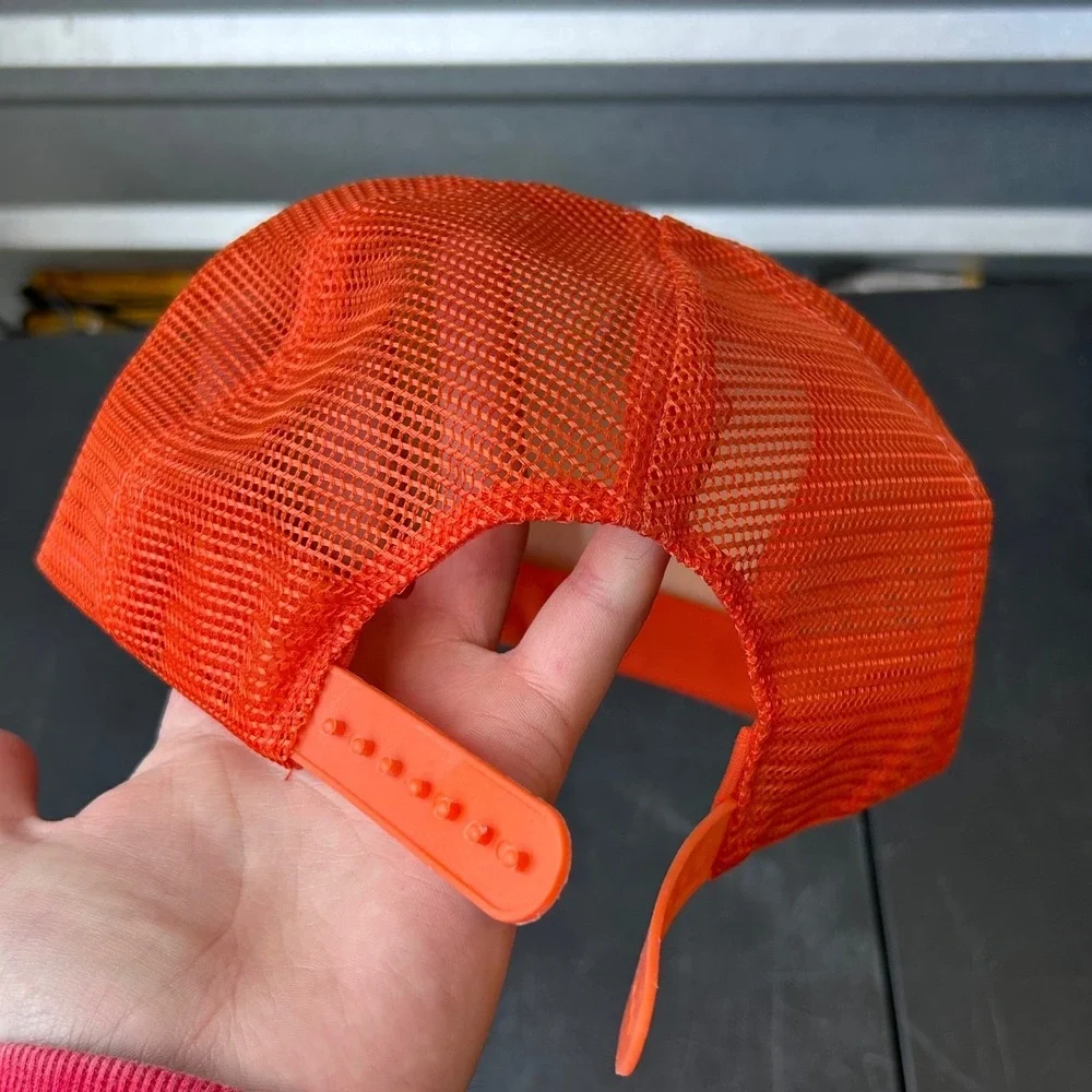 Vintage 1980's Orange White Trucker Hat Mesh Snapback Adjustable Retro‎ Style